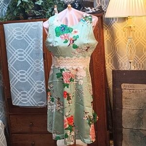 (k6) Retro Mint Floral Fit And Flare Tank Dress with Lace Waist XL